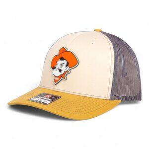 OSU Cowboys Pistol Pete Snapback Trucker Hat- Mink Beige/ Charcoal/ Amber Gold